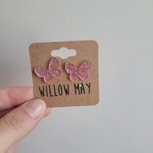Willow May Pink Glitter Butterfly Stud Earrings